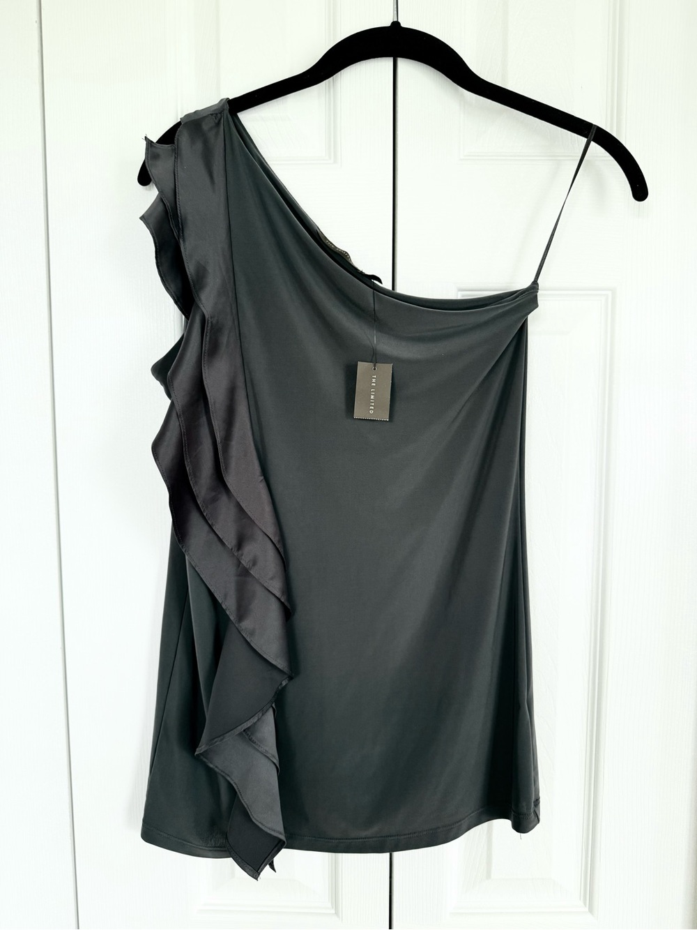The Limited Charcoal One-Shoulder Ruffle Top